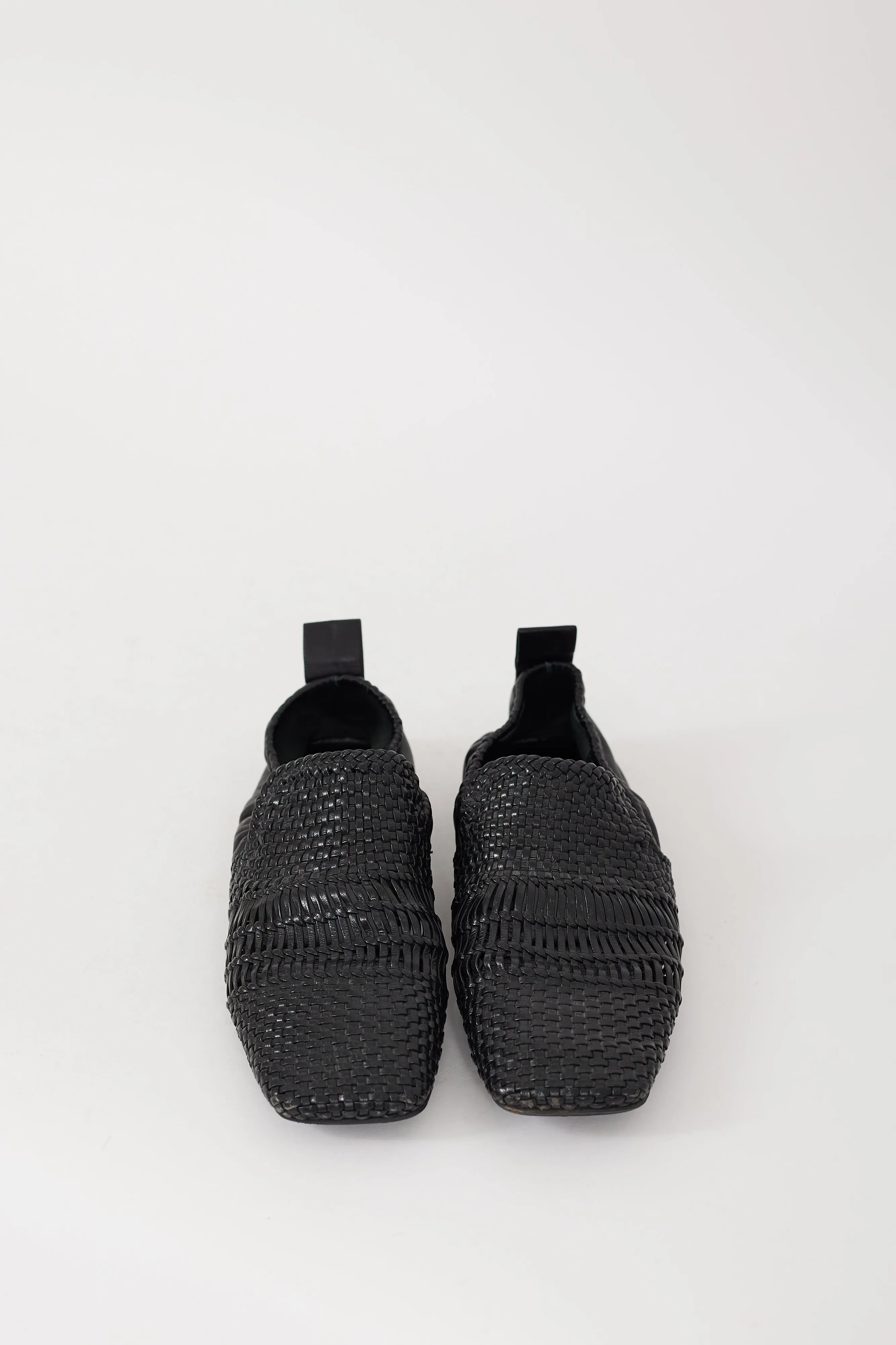 Black Leather Woven Square Toe Loafer