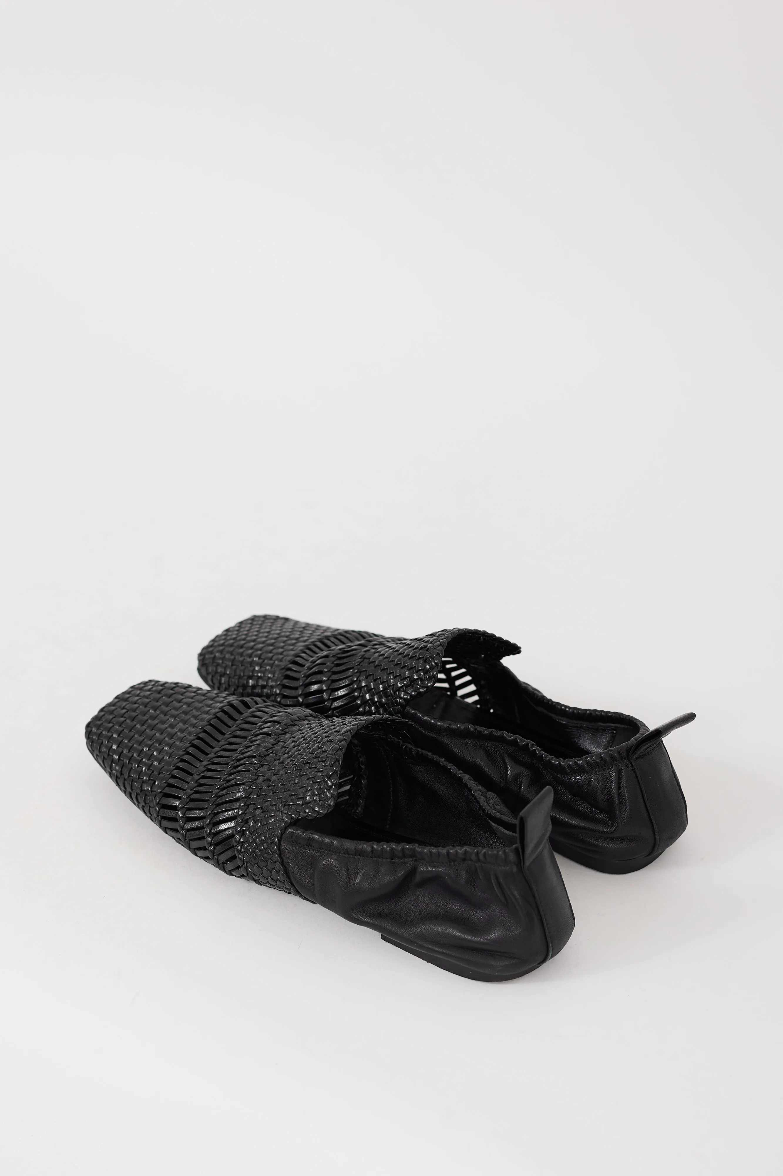 Black Leather Woven Square Toe Loafer