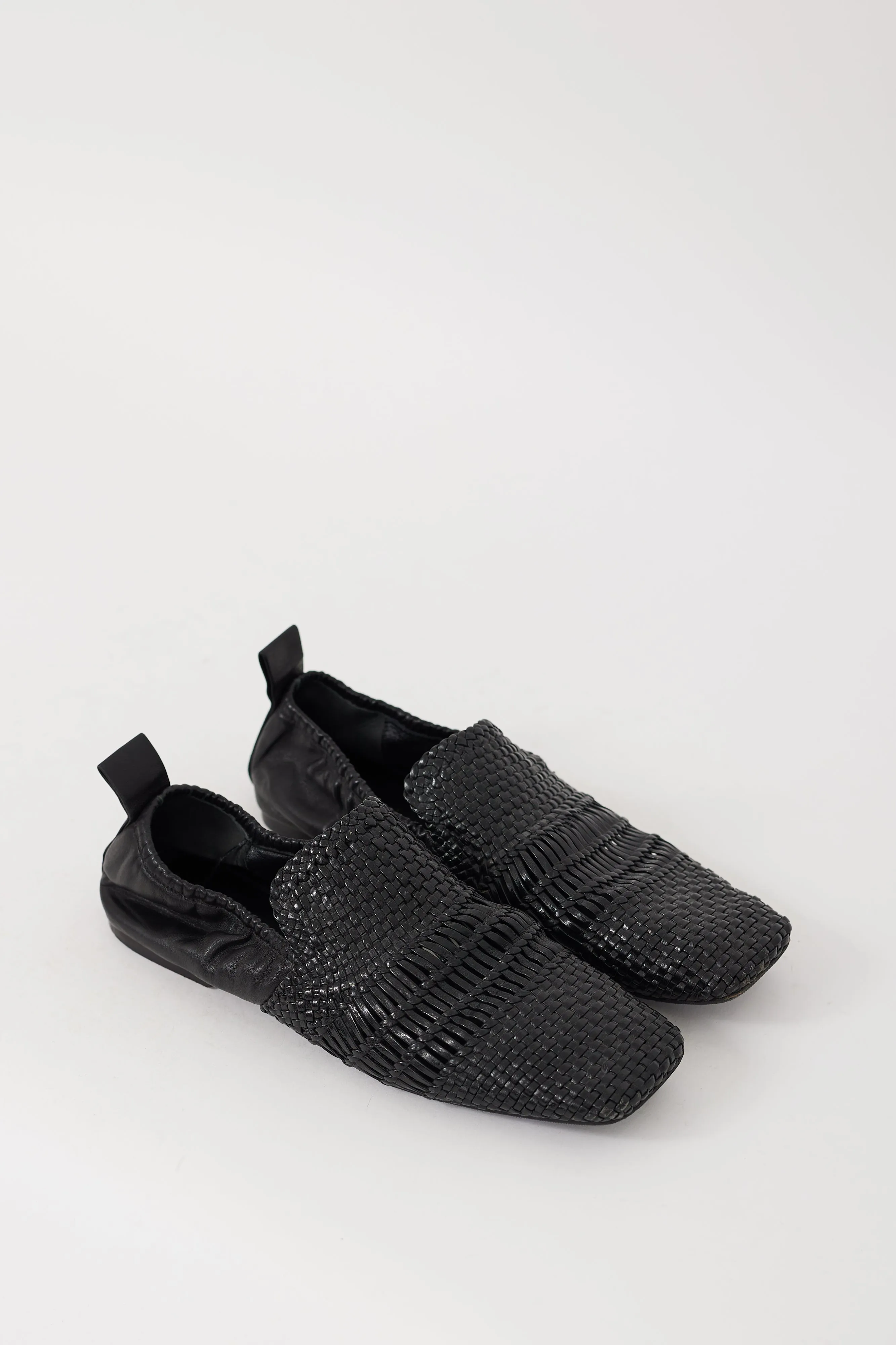 Black Leather Woven Square Toe Loafer