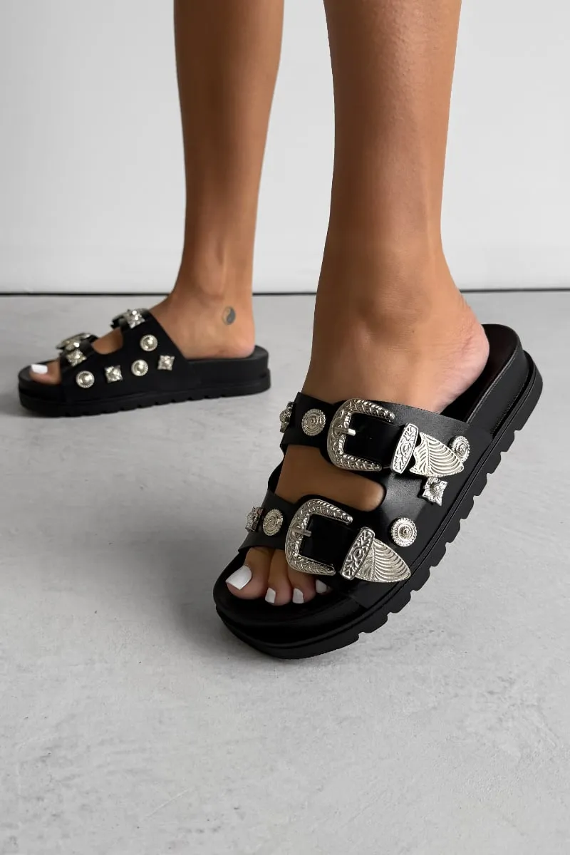 CORIE Chunky Studded Western Buckle Sandals - Black