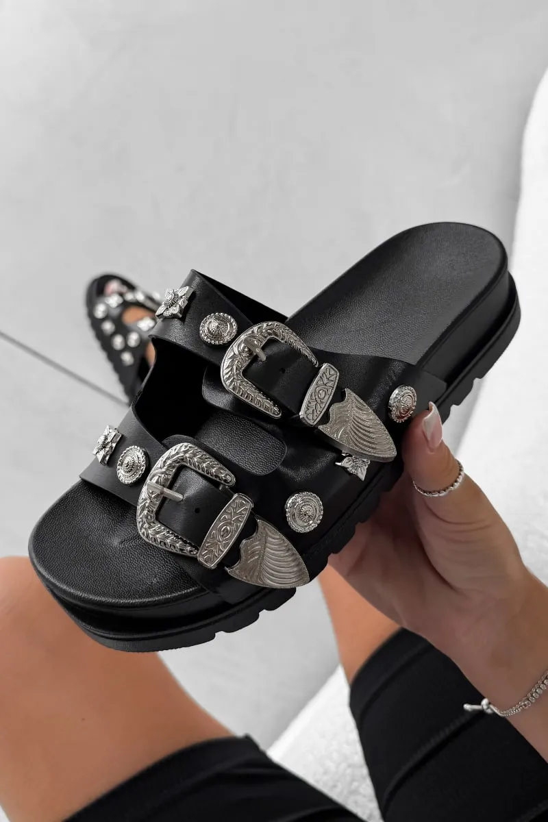 CORIE Chunky Studded Western Buckle Sandals - Black