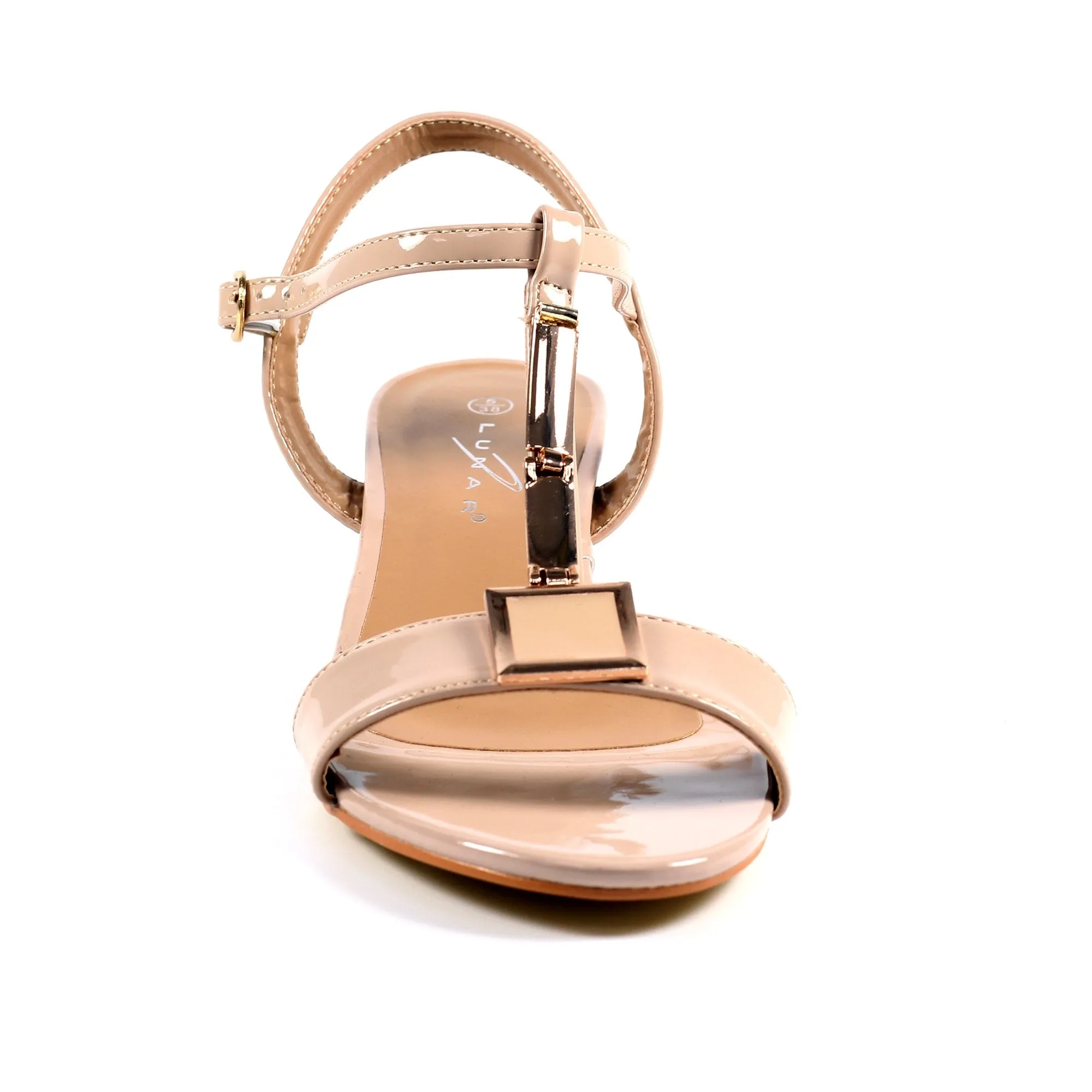 Lunar Blaze Sandal Ladies Patent Heel T-Bar Nude