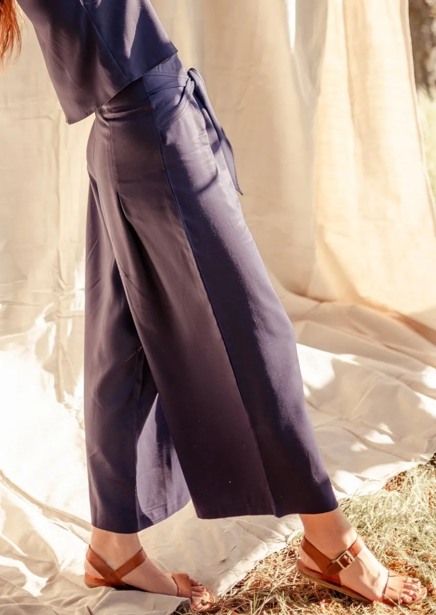 Phalla Wide Leg Cropped Tencel Pants in Navy