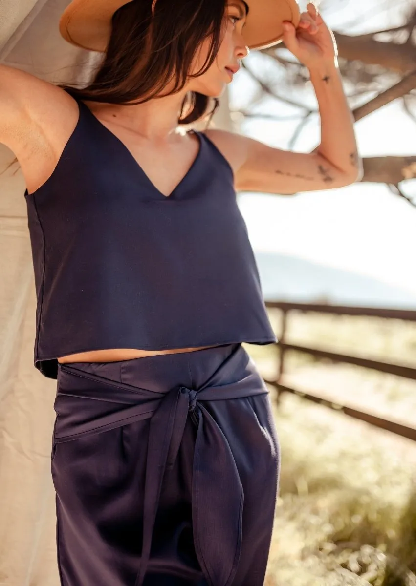 Phalla Wide Leg Cropped Tencel Pants in Navy