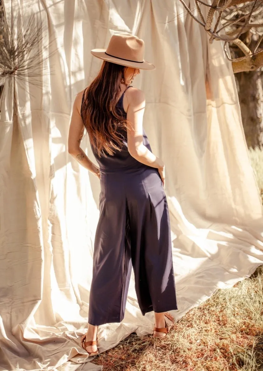 Phalla Wide Leg Cropped Tencel Pants in Navy