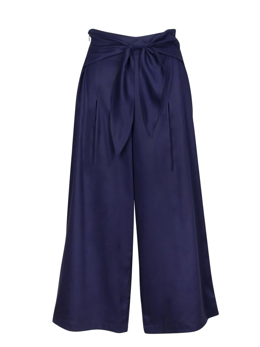 Phalla Wide Leg Cropped Tencel Pants in Navy