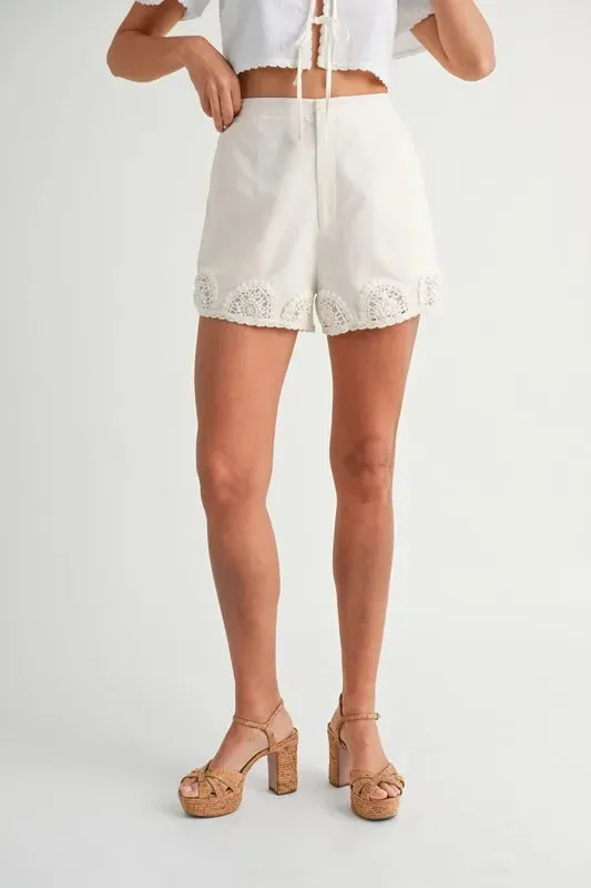 White Crochet Trim Tie-Front Crop Top and Shorts Set