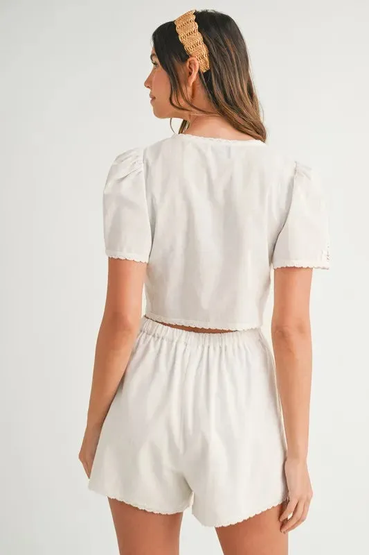 White Crochet Trim Tie-Front Crop Top and Shorts Set