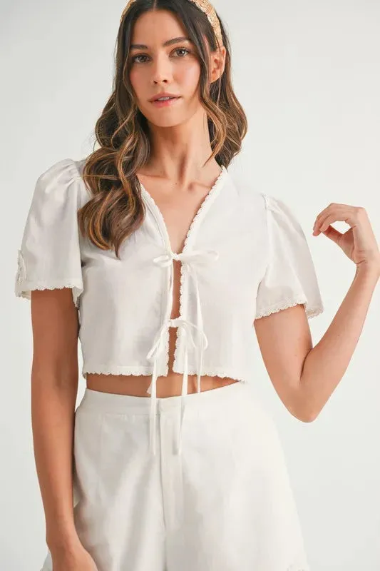 White Crochet Trim Tie-Front Crop Top and Shorts Set